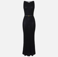 Elisabetta Franchi Knitted Dresses|Dresses|Long dress in pleated rib viscose fabric Black