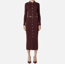 Elisabetta Franchi Knitted Dresses|Dresses|Long dress in shiny viscose fabric with logo embroidery and belt RougeNoir