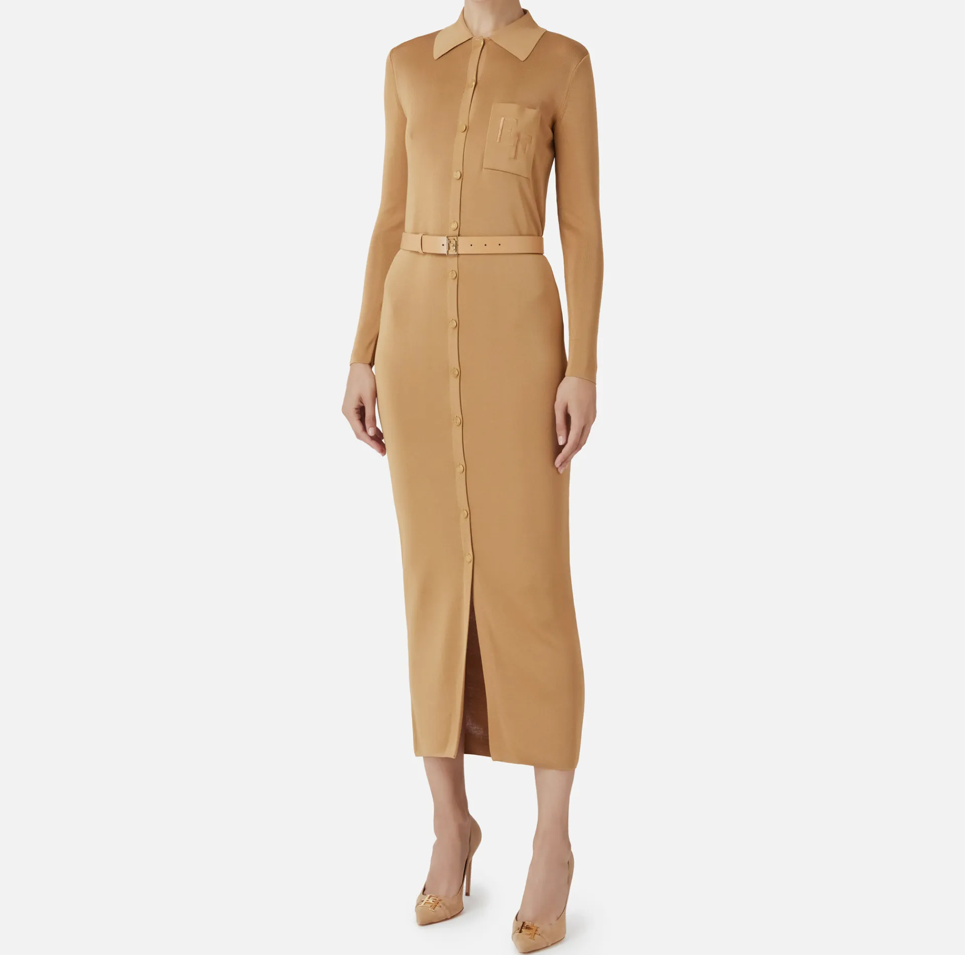 Elisabetta Franchi Knitted Dresses|Dresses|Long dress in shiny viscose fabric with logo embroidery and belt Bronze