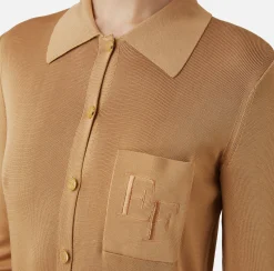 Elisabetta Franchi Knitted Dresses|Dresses|Long dress in shiny viscose fabric with logo embroidery and belt Bronze