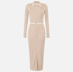 Elisabetta Franchi Knitted Dresses|Dresses|Long dress in shiny viscose fabric with logo embroidery and belt Latex