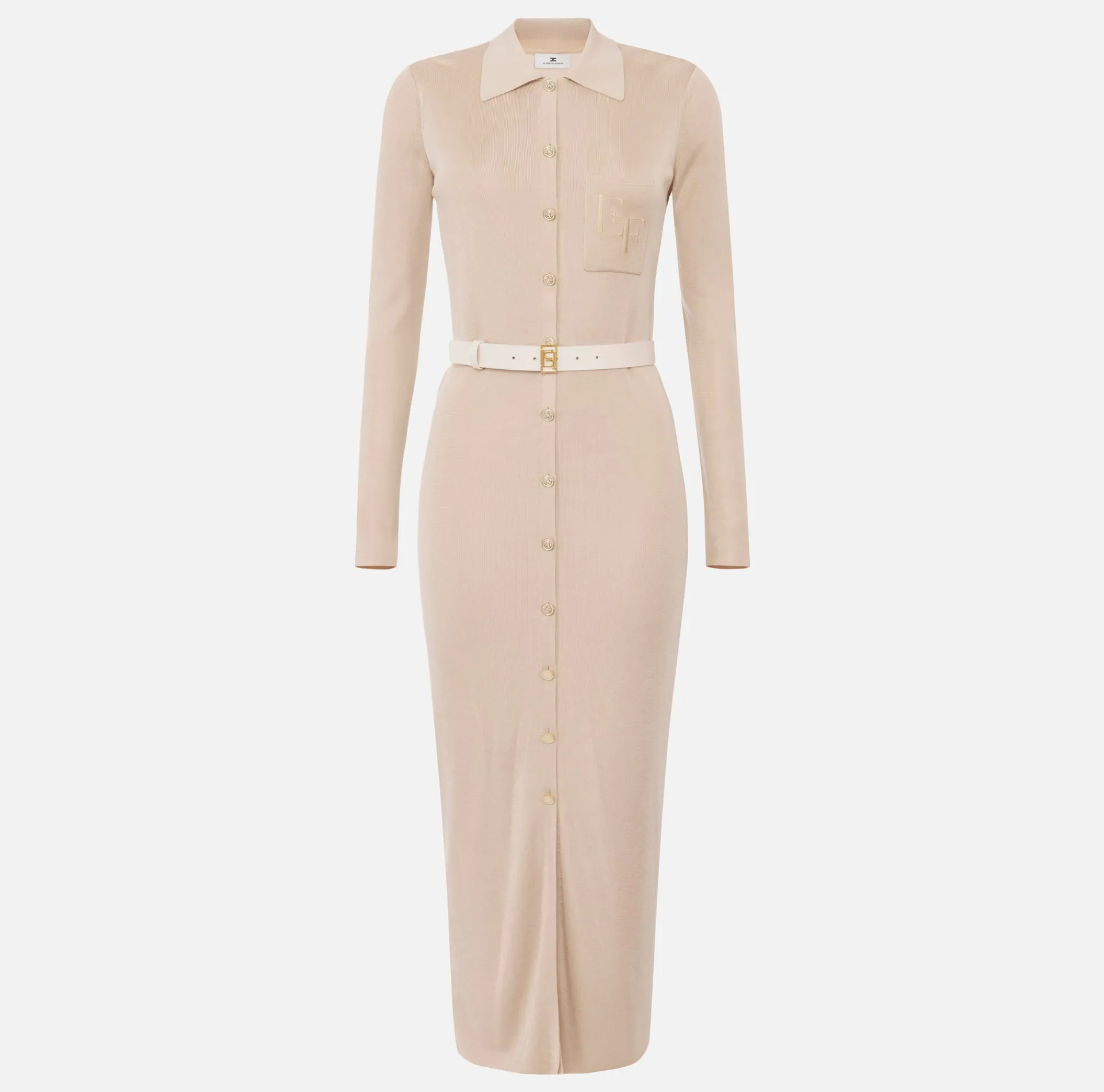 Elisabetta Franchi Knitted Dresses|Dresses|Long dress in shiny viscose fabric with logo embroidery and belt Latex