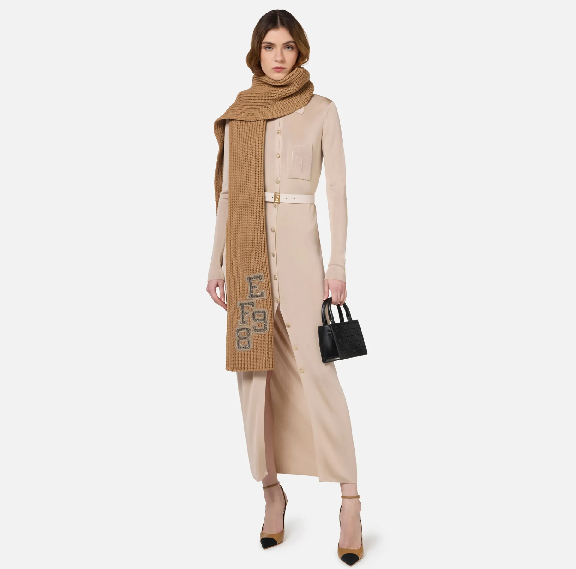 Elisabetta Franchi Knitted Dresses|Dresses|Long dress in shiny viscose fabric with logo embroidery and belt Latex