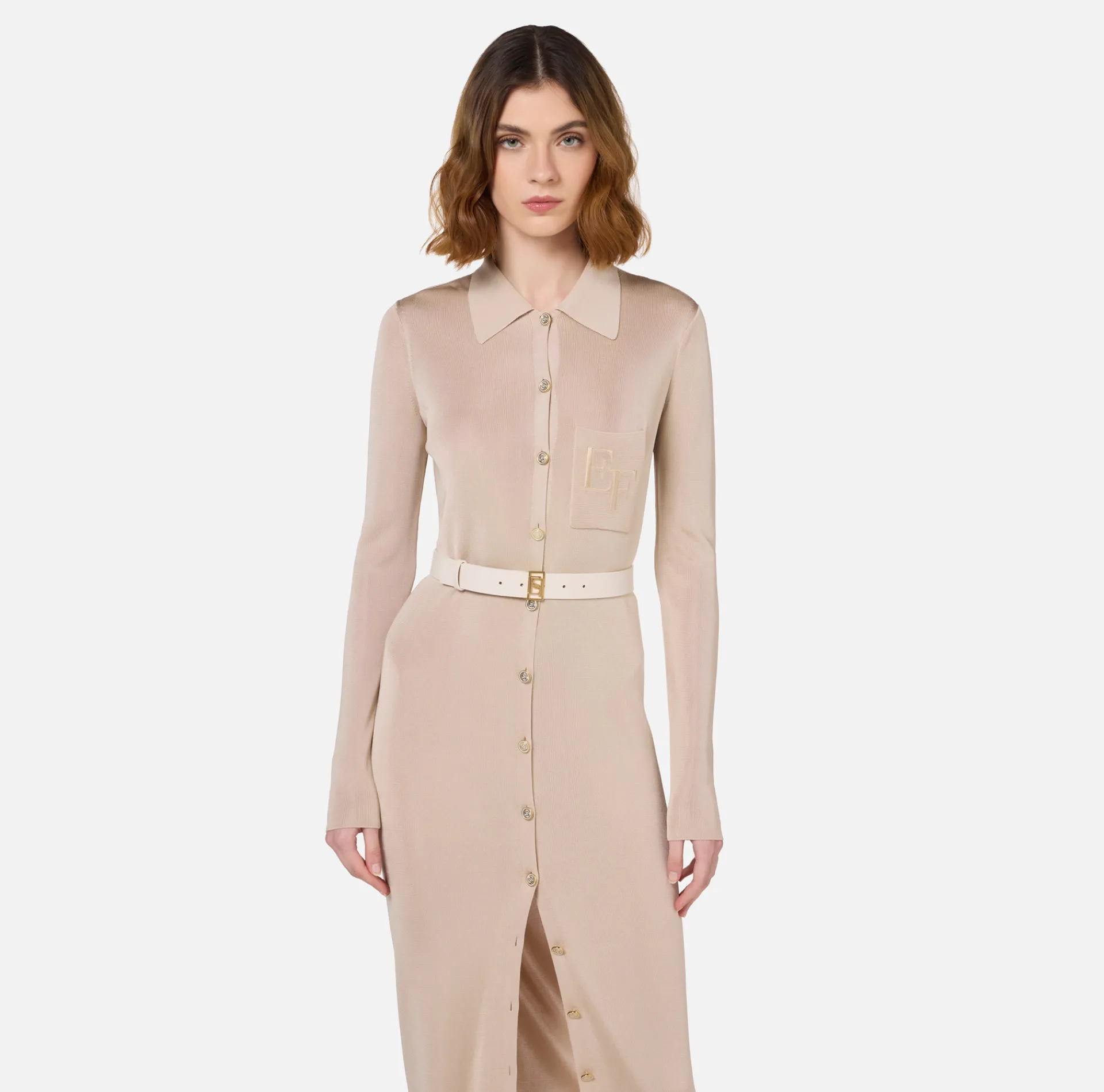 Elisabetta Franchi Knitted Dresses|Dresses|Long dress in shiny viscose fabric with logo embroidery and belt Latex