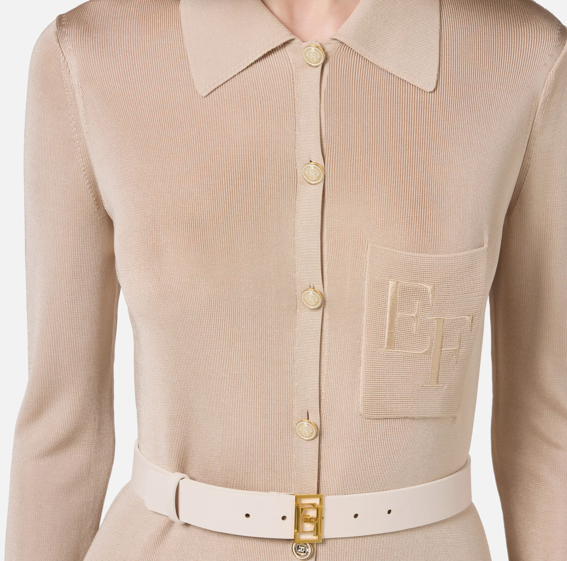 Elisabetta Franchi Knitted Dresses|Dresses|Long dress in shiny viscose fabric with logo embroidery and belt Latex
