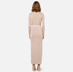 Elisabetta Franchi Knitted Dresses|Dresses|Long dress in shiny viscose fabric with logo embroidery and belt Latex