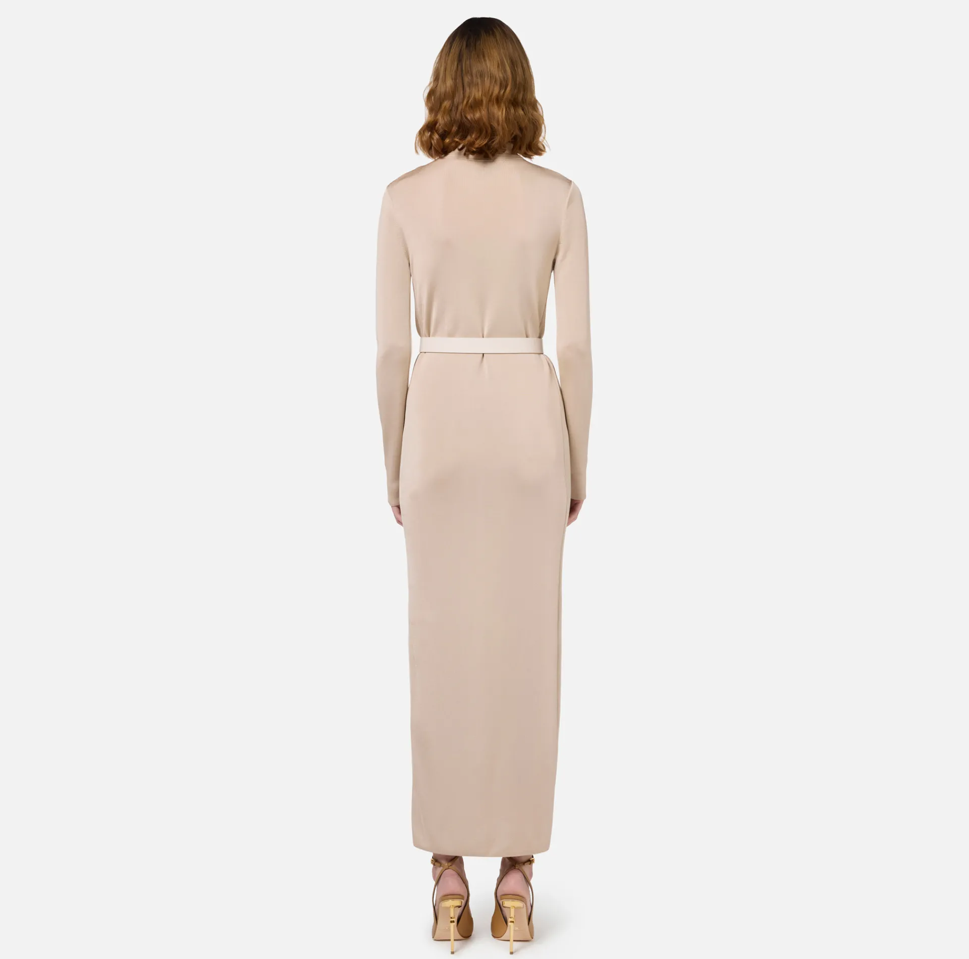 Elisabetta Franchi Knitted Dresses|Dresses|Long dress in shiny viscose fabric with logo embroidery and belt Latex