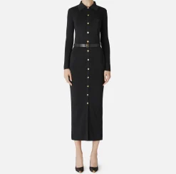 Elisabetta Franchi Knitted Dresses|Dresses|Long dress in shiny viscose fabric with logo embroidery and belt Black