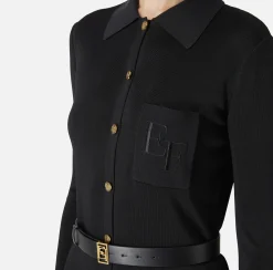 Elisabetta Franchi Knitted Dresses|Dresses|Long dress in shiny viscose fabric with logo embroidery and belt Black