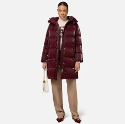 Elisabetta Franchi Coats And Jackets|Long satin nylon down jacket with hood RougeNoir