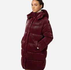 Elisabetta Franchi Coats And Jackets|Long satin nylon down jacket with hood RougeNoir