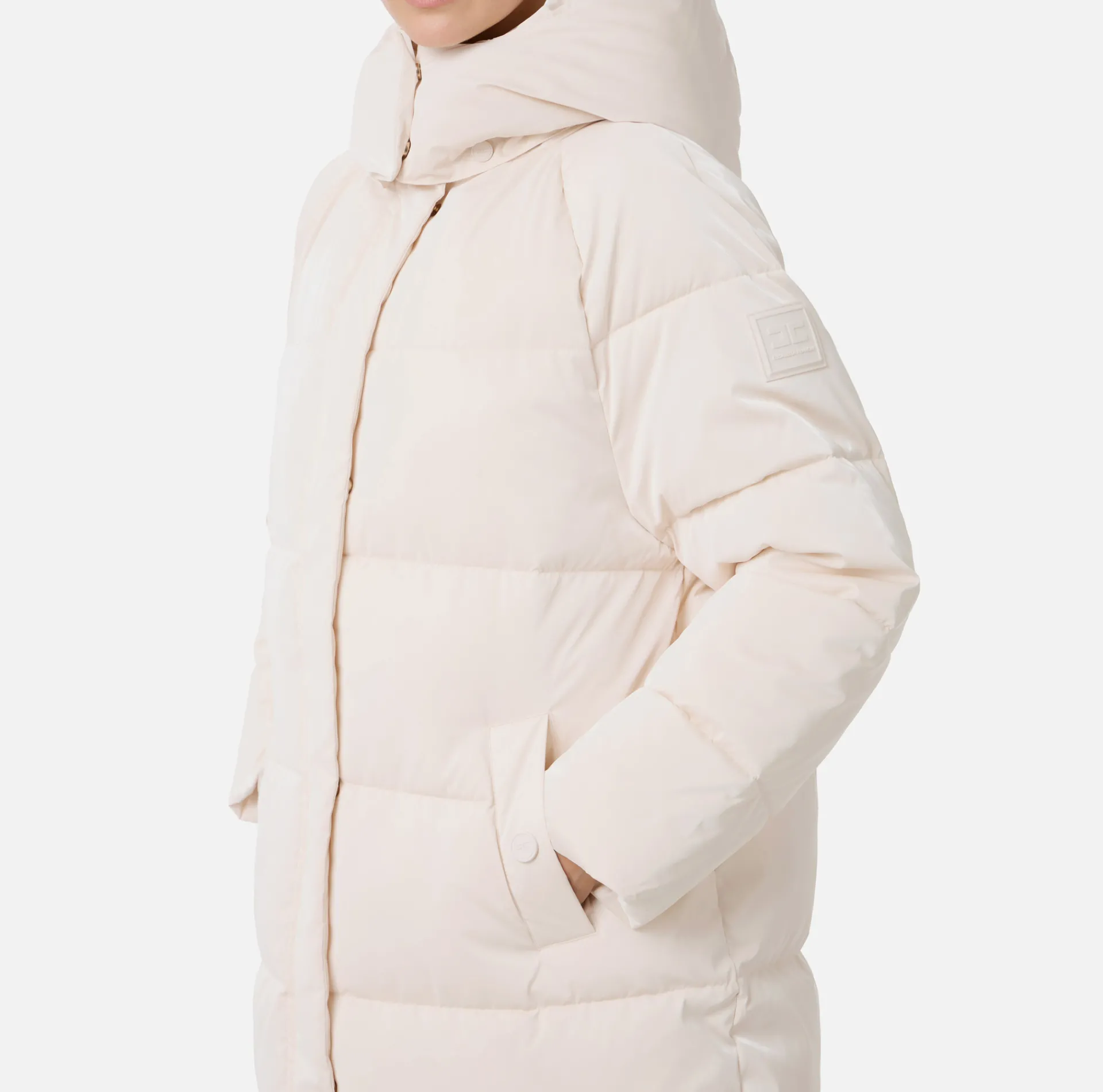 Elisabetta Franchi Coats And Jackets|Long satin nylon down jacket with hood Latex