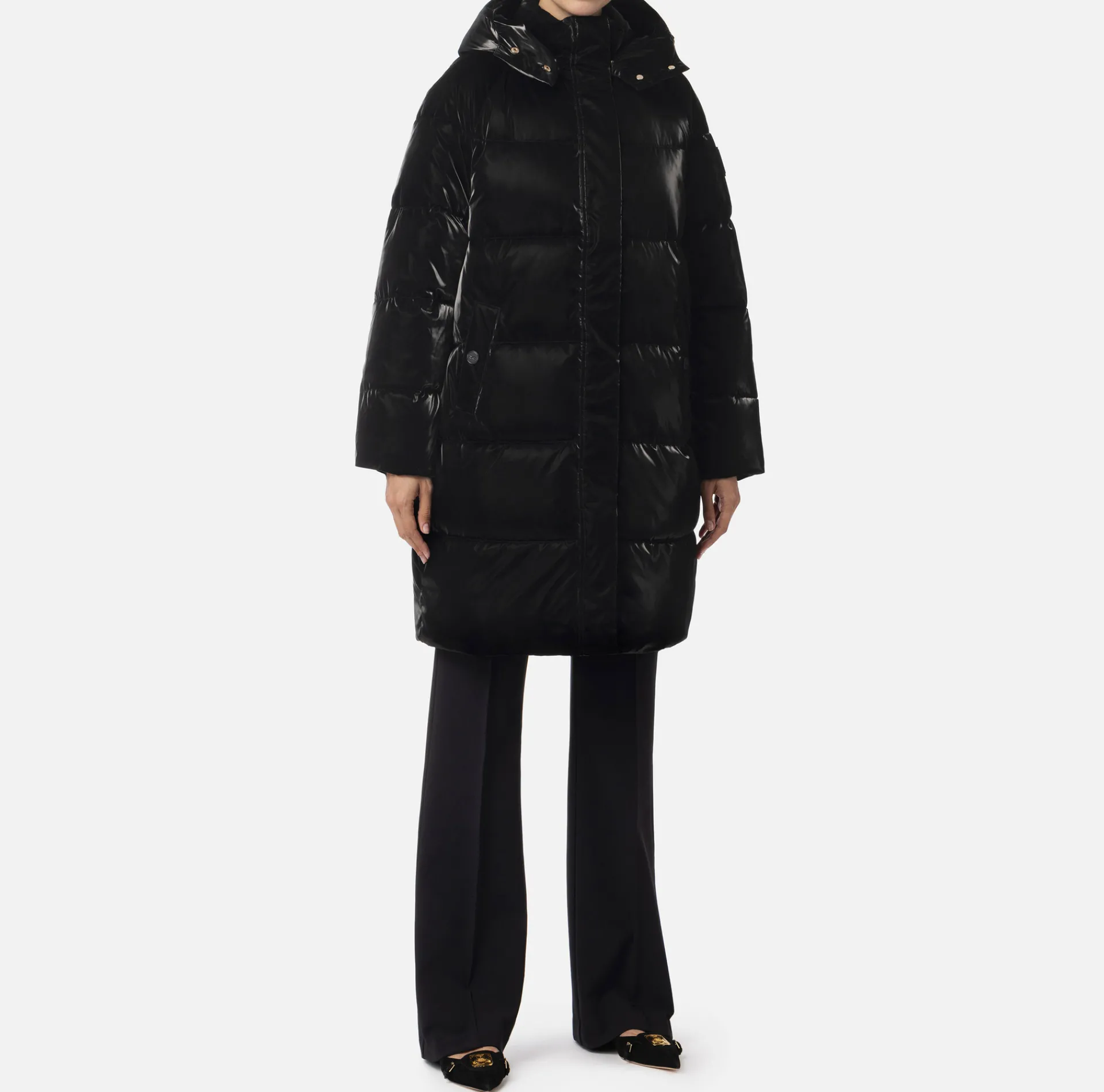 Elisabetta Franchi Coats And Jackets|Long satin nylon down jacket with hood Black