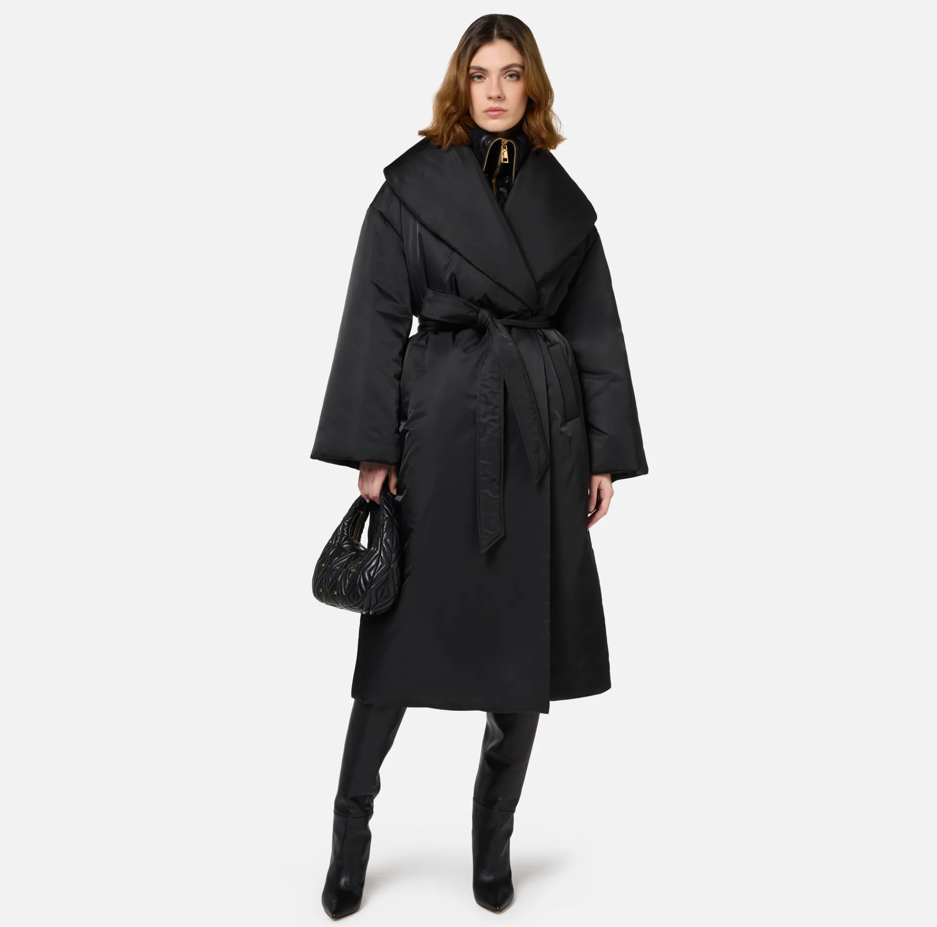 Elisabetta Franchi Coats And Jackets|Long satin nylon down jacket with wide collar Black