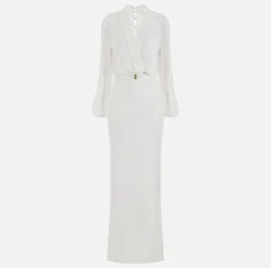 Elisabetta Franchi Red Carpet Dresses|Red Carpet|Long shirt dress in crepe with belt Ivory