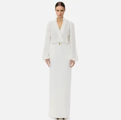 Elisabetta Franchi Red Carpet Dresses|Red Carpet|Long shirt dress in crepe with belt Ivory