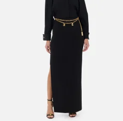 Elisabetta Franchi Skirts|Long skirt in lightweight crêpe fabric with chain Black