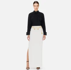 Elisabetta Franchi Skirts|Long skirt in lightweight crêpe fabric with chain Ivory