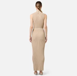 Elisabetta Franchi Knitted Dresses|Dresses|Lurex and viscose narrow-ribbed midi dress Tan