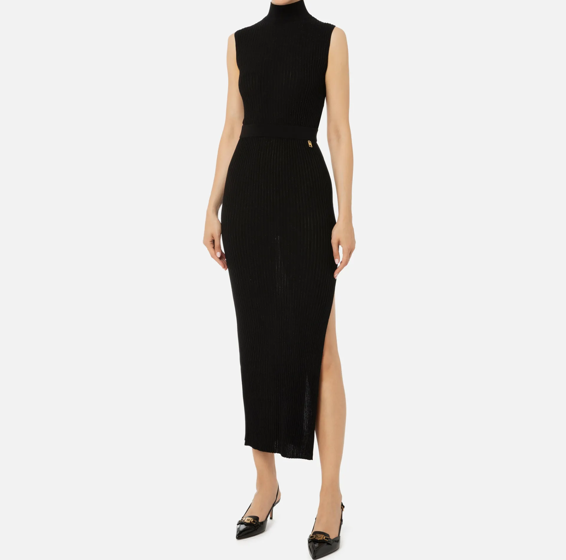 Elisabetta Franchi Knitted Dresses|Dresses|Lurex and viscose narrow-ribbed midi dress Black