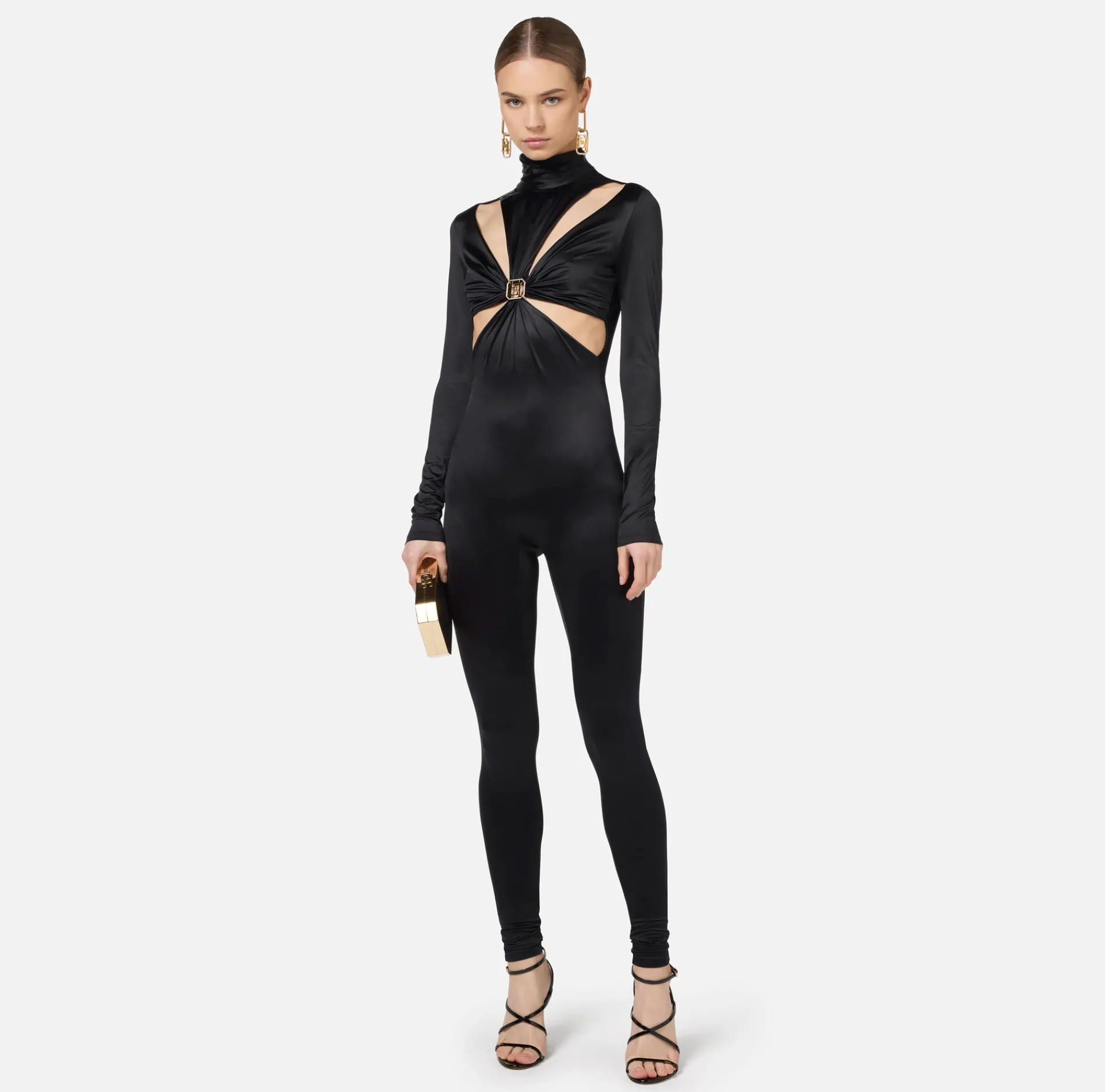 Elisabetta Franchi Jumpsuits|Lycra jumpsuit with cut-out pattern and logo accessory Black
