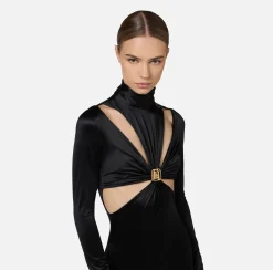 Elisabetta Franchi Jumpsuits|Lycra jumpsuit with cut-out pattern and logo accessory Black