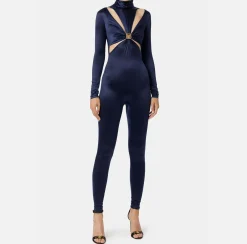 Elisabetta Franchi Jumpsuits|Lycra jumpsuit with cut-out pattern and logo accessory Navy