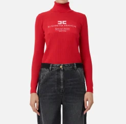 Elisabetta Franchi Knitwear And Sweatshirts|Mesh stitch turtleneck in viscose fabric with inlay RedPassion/PowderPink