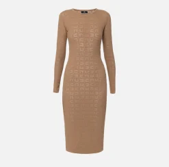 Elisabetta Franchi Midi Dresses|Knitted Dresses|Mesh stitch viscose midi dress with logo Camel