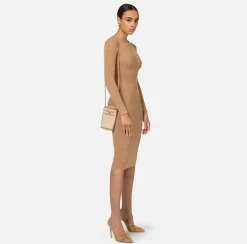 Elisabetta Franchi Midi Dresses|Knitted Dresses|Mesh stitch viscose midi dress with logo Camel