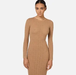 Elisabetta Franchi Midi Dresses|Knitted Dresses|Mesh stitch viscose midi dress with logo Camel