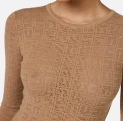 Elisabetta Franchi Midi Dresses|Knitted Dresses|Mesh stitch viscose midi dress with logo Camel