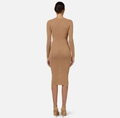 Elisabetta Franchi Midi Dresses|Knitted Dresses|Mesh stitch viscose midi dress with logo Camel