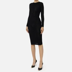 Elisabetta Franchi Midi Dresses|Knitted Dresses|Mesh stitch viscose midi dress with logo Black