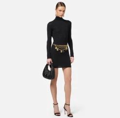 Elisabetta Franchi Dresses|Mini Dresses|Mesh stitch viscose mini dress with logo Black