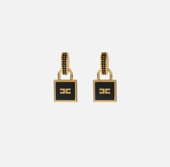 Elisabetta Franchi Jewelry|Metal Earrings with padlock charm YellowGold/Black