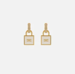 Elisabetta Franchi Jewelry|Metal Earrings with padlock charm YellowGold/Ivory