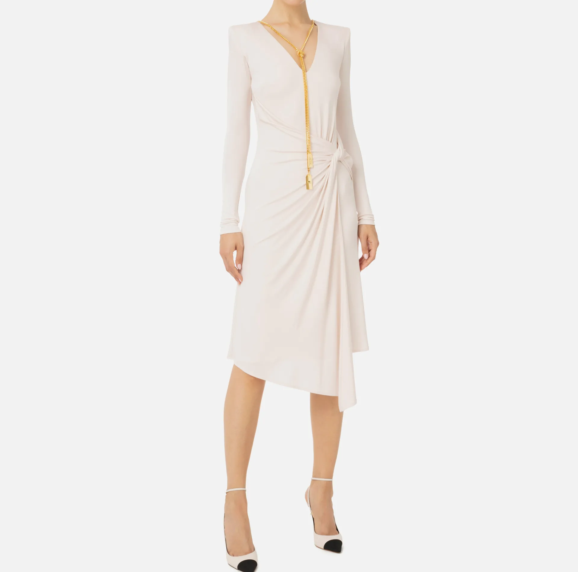 Elisabetta Franchi Midi Dresses|Dresses|Midi dress in draped jersey with necklace Latex