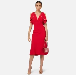 Elisabetta Franchi Midi Dresses|Dresses|Midi dress in flowing crêpe fabric with cap sleeves RedPassion/PeachRose
