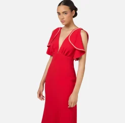 Elisabetta Franchi Midi Dresses|Dresses|Midi dress in flowing crêpe fabric with cap sleeves RedPassion/PeachRose