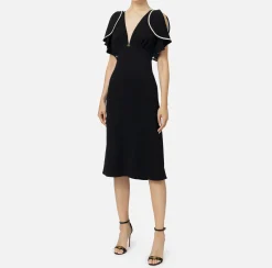 Elisabetta Franchi Midi Dresses|Dresses|Midi dress in flowing crêpe fabric with cap sleeves Black/Butter