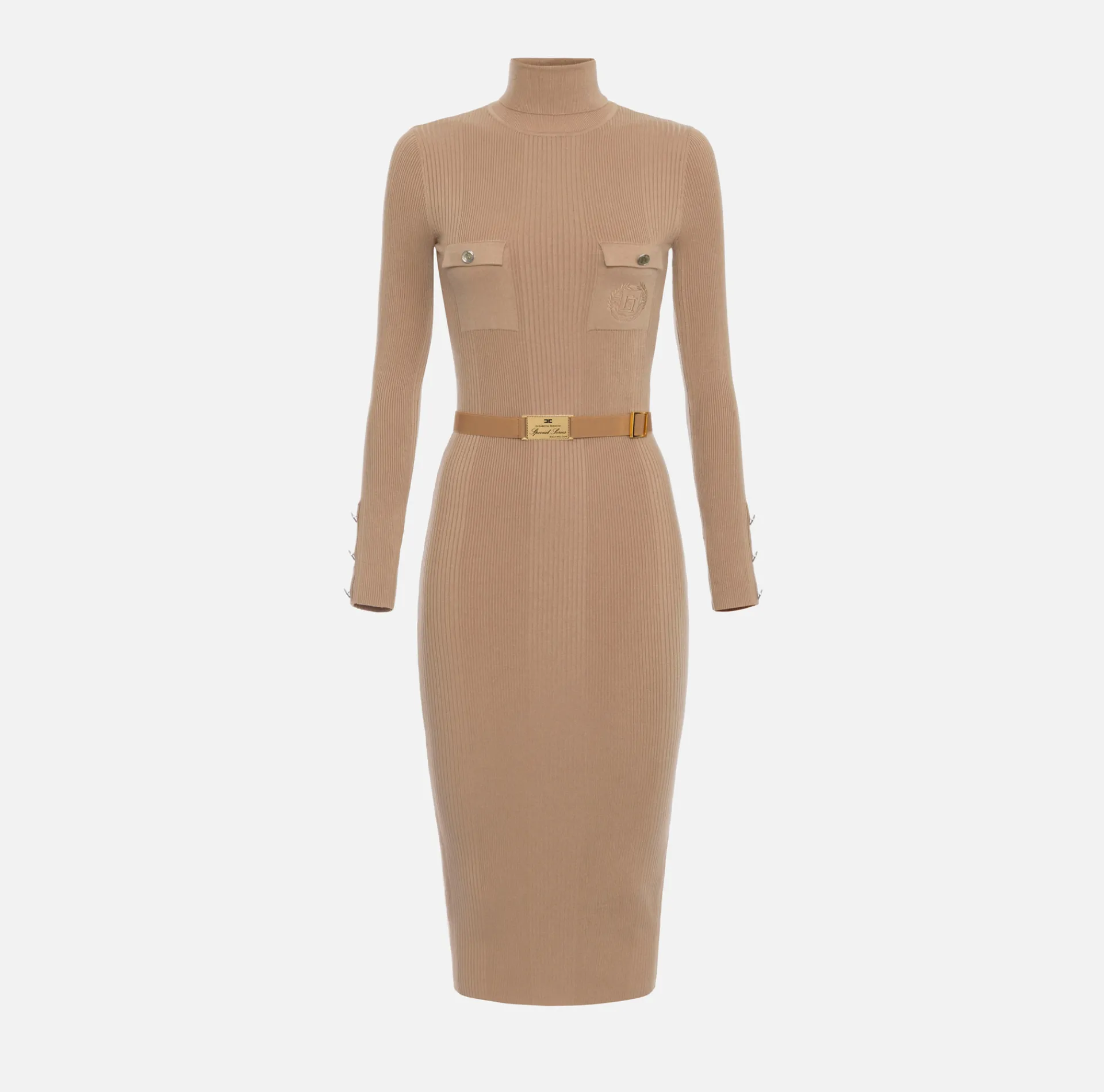Elisabetta Franchi Midi Dresses|Knitted Dresses|Midi dress in narrow-ribbed viscose and silk fabric with logo embroidery Camel