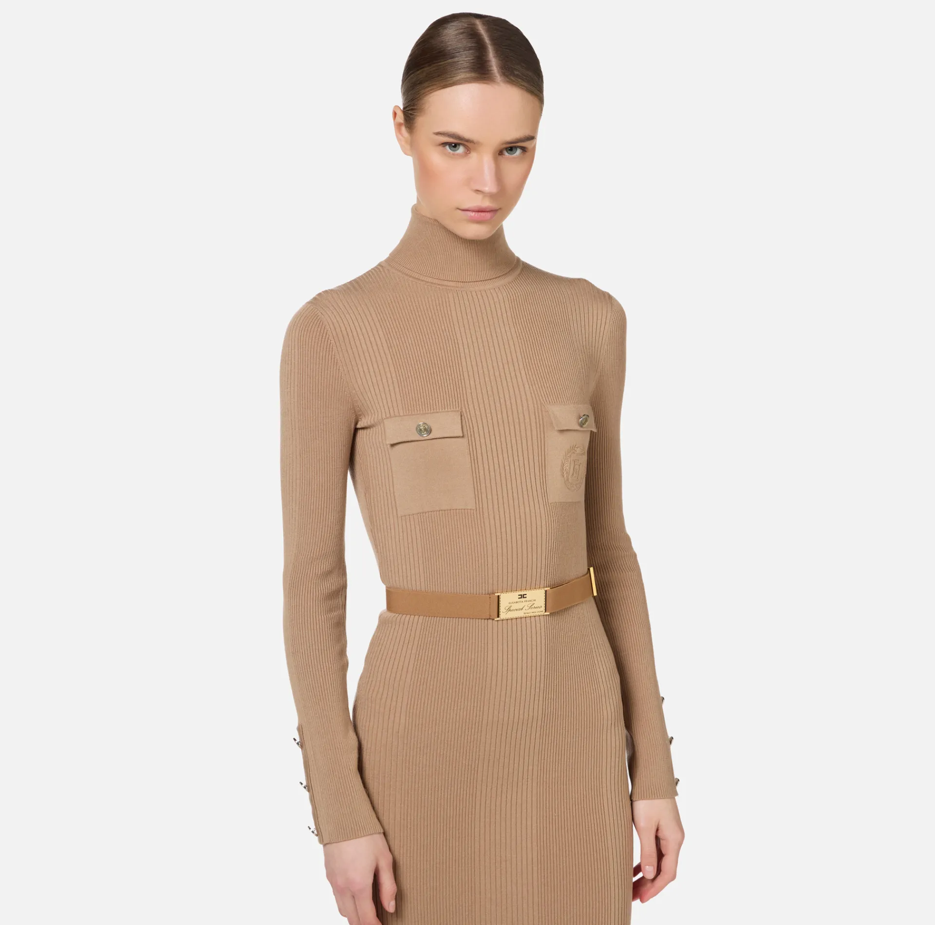 Elisabetta Franchi Midi Dresses|Knitted Dresses|Midi dress in narrow-ribbed viscose and silk fabric with logo embroidery Camel