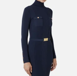 Elisabetta Franchi Midi Dresses|Knitted Dresses|Midi dress in narrow-ribbed viscose and silk fabric with logo embroidery Navy