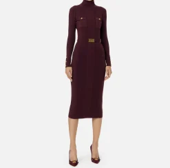 Elisabetta Franchi Midi Dresses|Knitted Dresses|Midi dress in narrow-ribbed viscose and silk fabric with logo embroidery RougeNoir