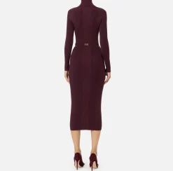 Elisabetta Franchi Midi Dresses|Knitted Dresses|Midi dress in narrow-ribbed viscose and silk fabric with logo embroidery RougeNoir