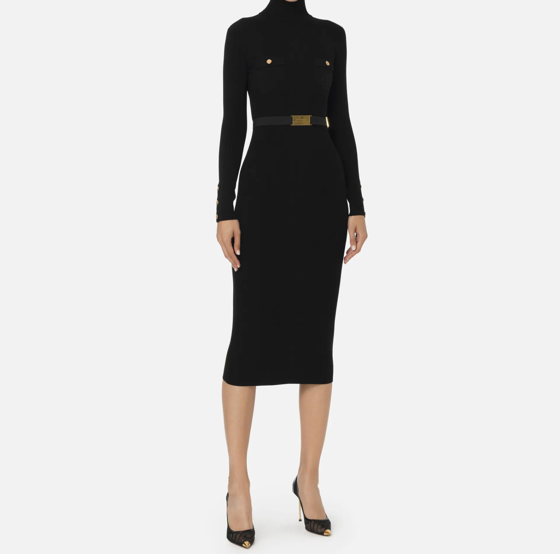 Elisabetta Franchi Midi Dresses|Knitted Dresses|Midi dress in narrow-ribbed viscose and silk fabric with logo embroidery Black