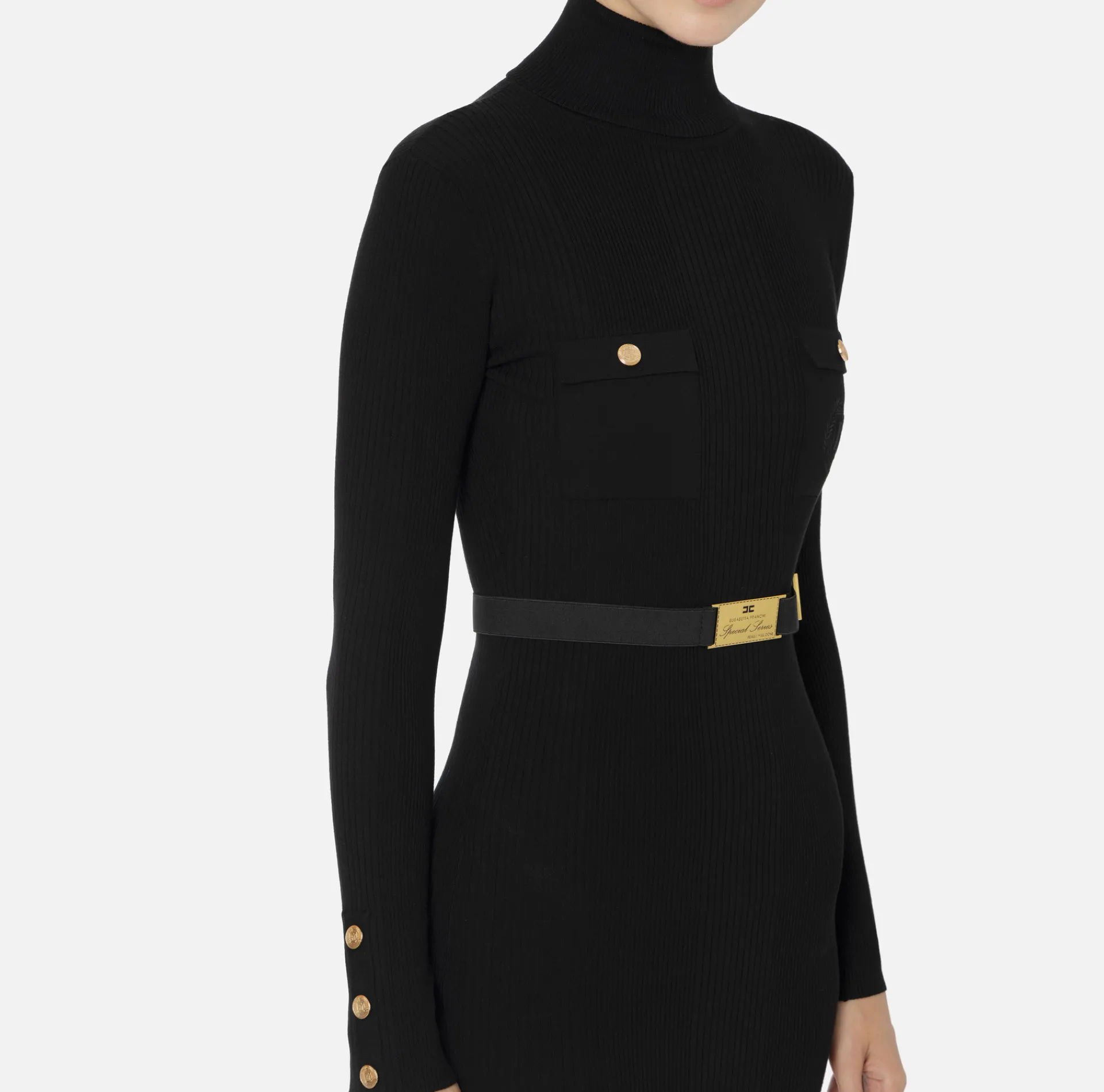 Elisabetta Franchi Midi Dresses|Knitted Dresses|Midi dress in narrow-ribbed viscose and silk fabric with logo embroidery Black