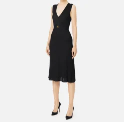 Elisabetta Franchi Midi Dresses|Knitted Dresses|Midi dress in pleated rib viscose fabric Black