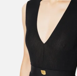Elisabetta Franchi Midi Dresses|Knitted Dresses|Midi dress in pleated rib viscose fabric Black
